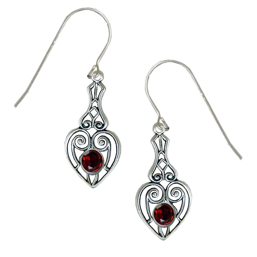 Sterling Silver Art Deco Drop Dangle Earrings With Faceted Garnet